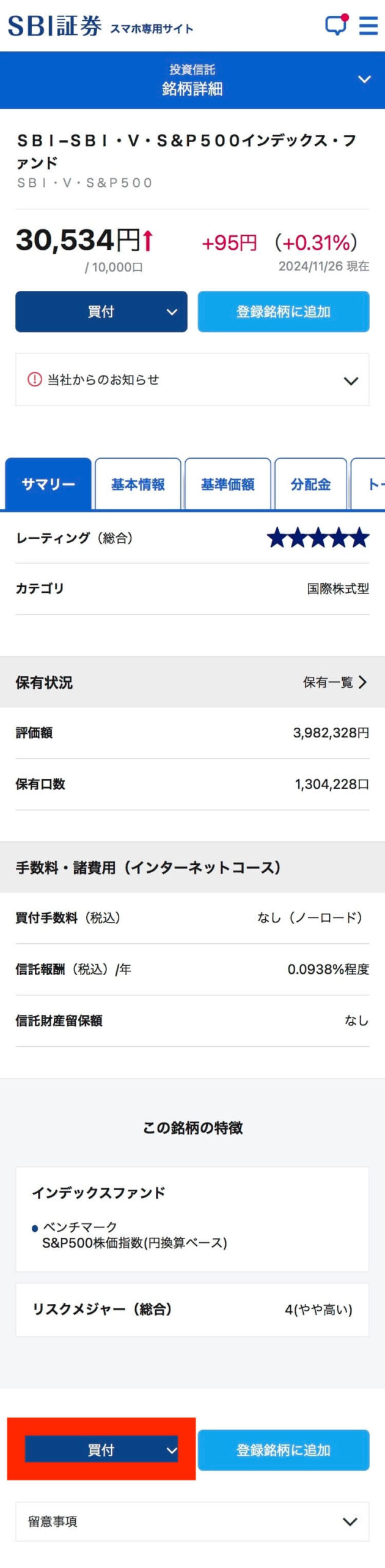 投資信託の商品概要ページ